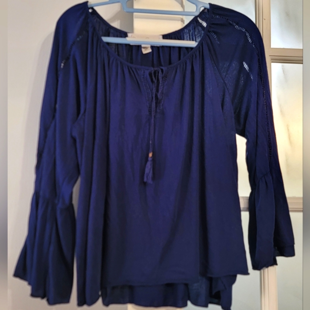 🔴French Laundry Large Navy Bohemian Blouse Tassels Bell Sleeve